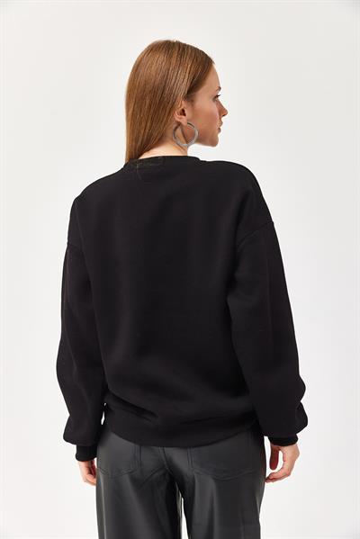 Nakışlı Şardonlu Üç İp Bayan Sweatshirt Siyah
