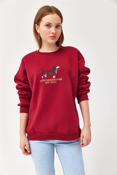 Nakışlı Şardonlu Üç İp Bayan Sweatshirt Bordo