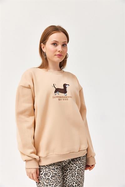 Nakışlı Şardonlu Üç İp Bayan Sweatshirt Bej