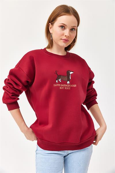 Nakışlı Şardonlu Üç İp Bayan Sweatshirt Bordo