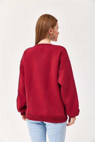 Nakışlı Şardonlu Üç İp Bayan Sweatshirt Bordo