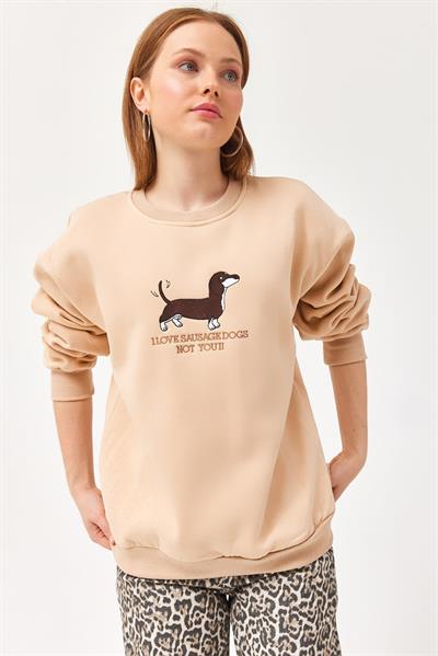 Nakışlı Şardonlu Üç İp Bayan Sweatshirt Bej