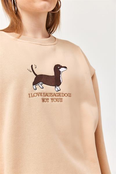 Nakışlı Şardonlu Üç İp Bayan Sweatshirt Bej
