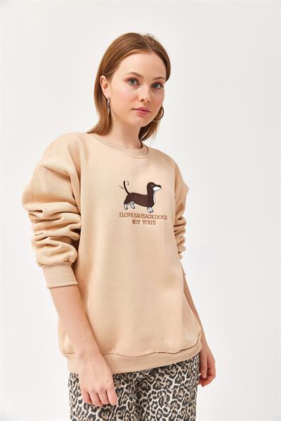 Nakışlı Şardonlu Üç İp Bayan Sweatshirt Bej