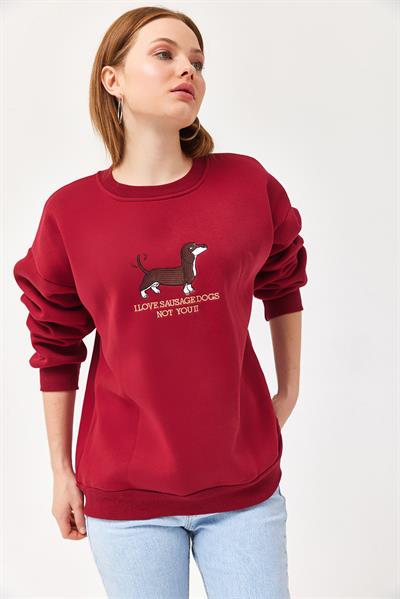 Nakışlı Şardonlu Üç İp Bayan Sweatshirt Bordo