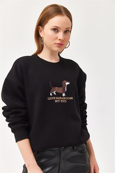 Nakışlı Şardonlu Üç İp Bayan Sweatshirt Siyah