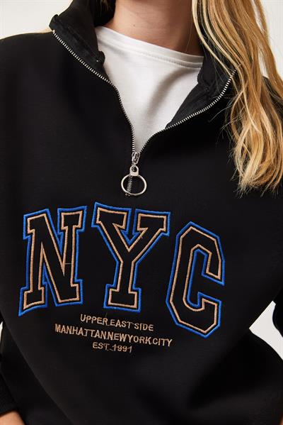 Nyc Nakışlı Fermuar Detaylı Dik Yaka Oversize Sweatshirt Siyah