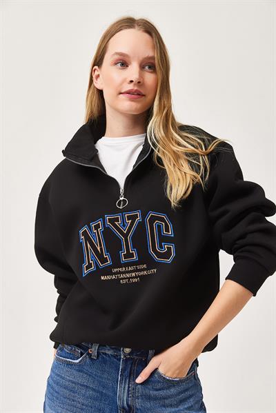 Nyc Nakışlı Fermuar Detaylı Dik Yaka Oversize Sweatshirt Siyah