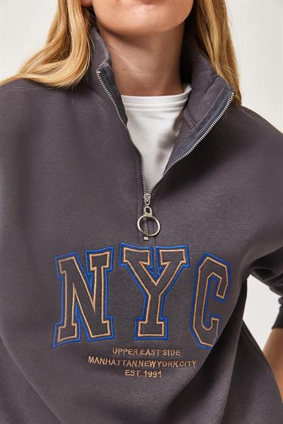 Nyc Nakışlı Fermuar Detaylı Dik Yaka Oversize Sweatshirt Füme