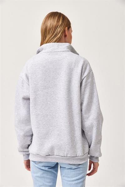Nyc Nakışlı Fermuar Detaylı Dik Yaka Oversize Sweatshirt Gri