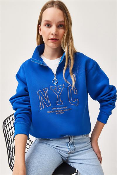 Nyc Nakışlı Fermuar Detaylı Dik Yaka Oversize Sweatshirt Mavi
