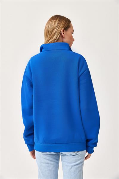 Nyc Nakışlı Fermuar Detaylı Dik Yaka Oversize Sweatshirt Mavi