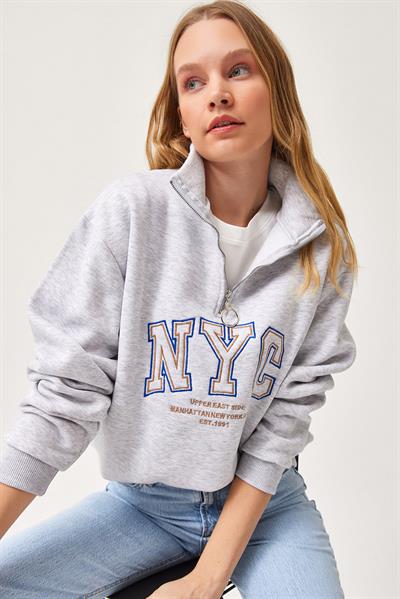 Nyc Nakışlı Fermuar Detaylı Dik Yaka Oversize Sweatshirt Gri