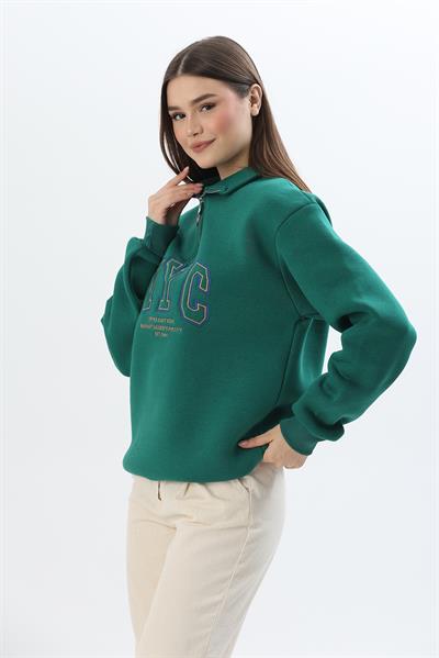 Nyc Nakışlı Fermuar Detaylı Dik Yaka Oversize Sweatshirt Yeşil