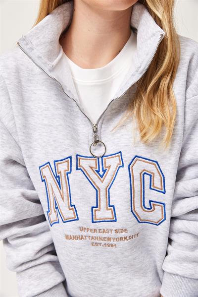Nyc Nakışlı Fermuar Detaylı Dik Yaka Oversize Sweatshirt Gri