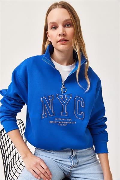 Nyc Nakışlı Fermuar Detaylı Dik Yaka Oversize Sweatshirt Mavi