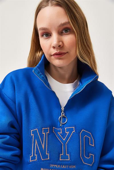 Nyc Nakışlı Fermuar Detaylı Dik Yaka Oversize Sweatshirt Mavi