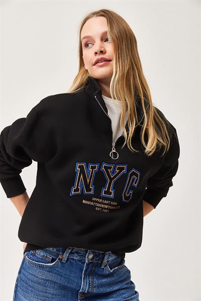 Nyc Nakışlı Fermuar Detaylı Dik Yaka Oversize Sweatshirt Siyah