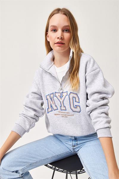 Nyc Nakışlı Fermuar Detaylı Dik Yaka Oversize Sweatshirt Gri