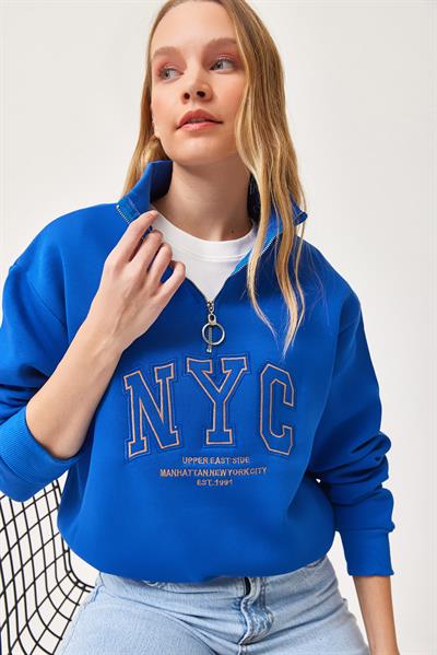 Nyc Nakışlı Fermuar Detaylı Dik Yaka Oversize Sweatshirt Mavi
