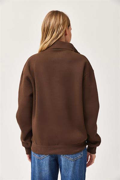Nyc Nakışlı Fermuar Detaylı Dik Yaka Oversize Sweatshirt Kahve