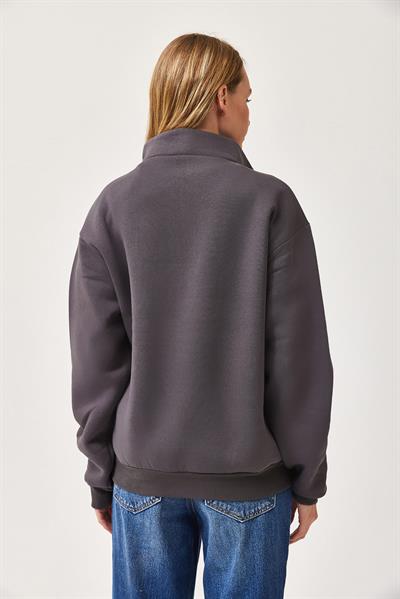 Nyc Nakışlı Fermuar Detaylı Dik Yaka Oversize Sweatshirt Füme