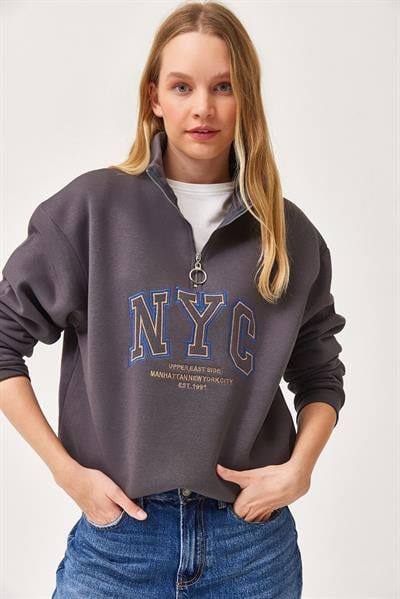 Nyc Nakışlı Fermuar Detaylı Dik Yaka Oversize Sweatshirt Füme