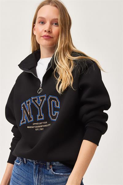 Nyc Nakışlı Fermuar Detaylı Dik Yaka Oversize Sweatshirt Siyah