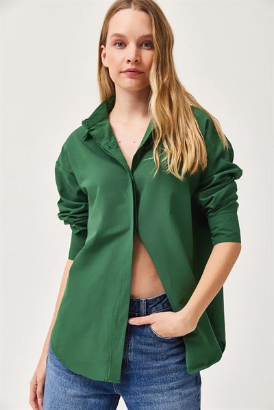 Oversize Basic Gömlek Koyu Yeşil