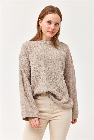 Oversize Dökümlü Triko Kazak Bej