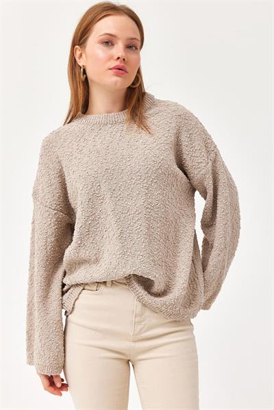 Oversize Dökümlü Triko Kazak Bej