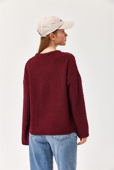 Oversize Dökümlü Triko Kazak Bordo