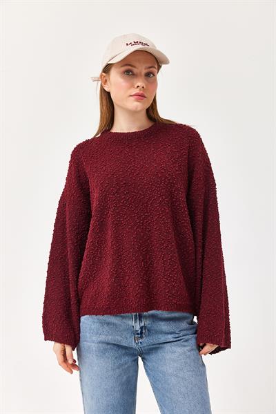 Oversize Dökümlü Triko Kazak Bordo