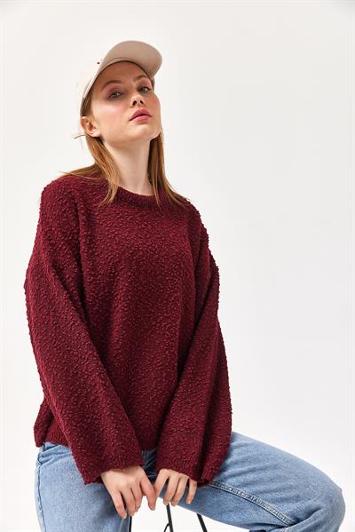 Oversize Dökümlü Triko Kazak Bordo