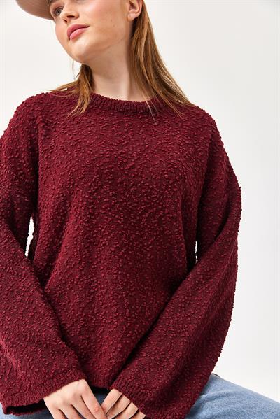 Oversize Dökümlü Triko Kazak Bordo