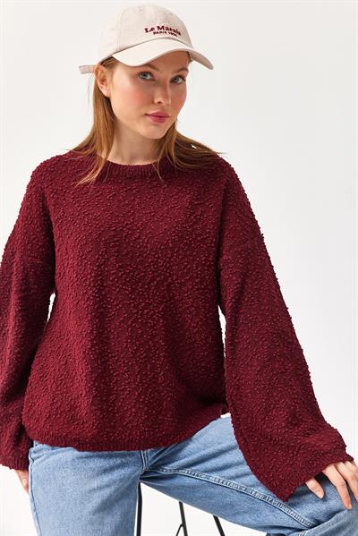 Oversize Dökümlü Triko Kazak Bordo