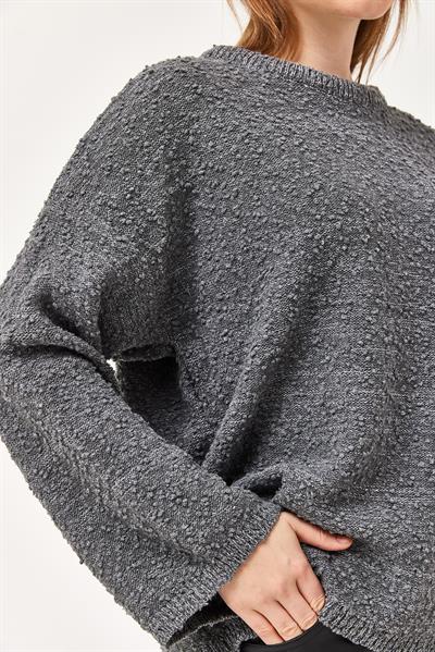 Oversize Dökümlü Triko Kazak Füme