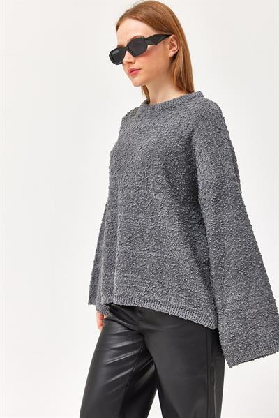 Oversize Dökümlü Triko Kazak Füme