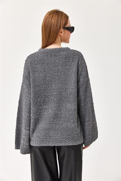 Oversize Dökümlü Triko Kazak Füme