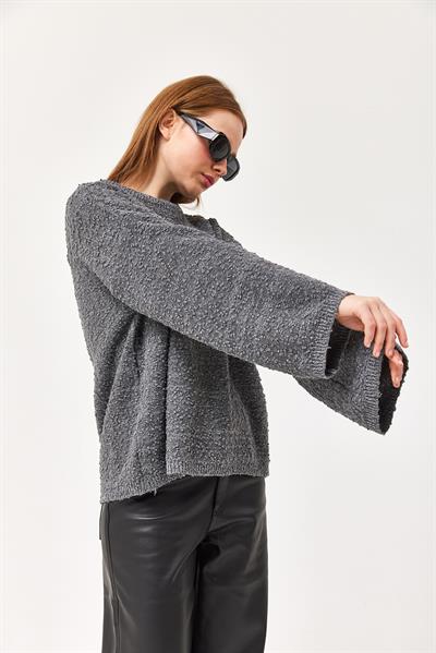 Oversize Dökümlü Triko Kazak Füme