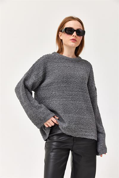 Oversize Dökümlü Triko Kazak Füme