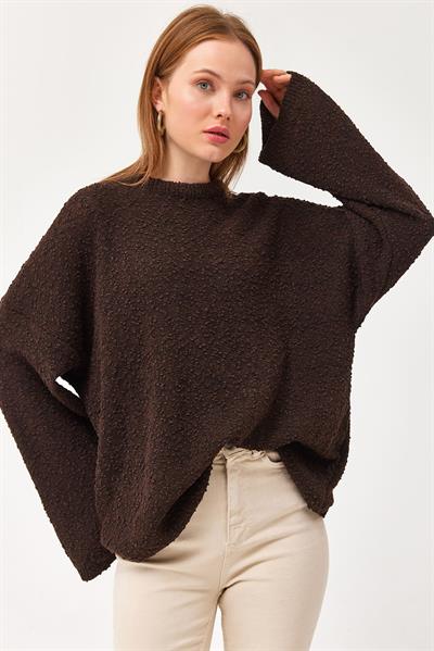 Oversize Dökümlü Triko Kazak Kahve