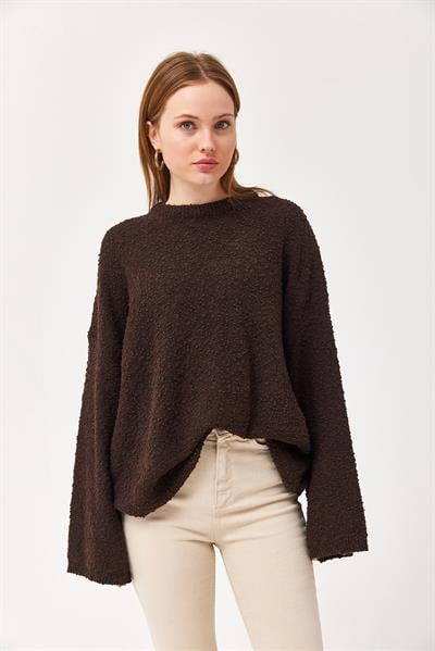 Oversize Dökümlü Triko Kazak Kahve