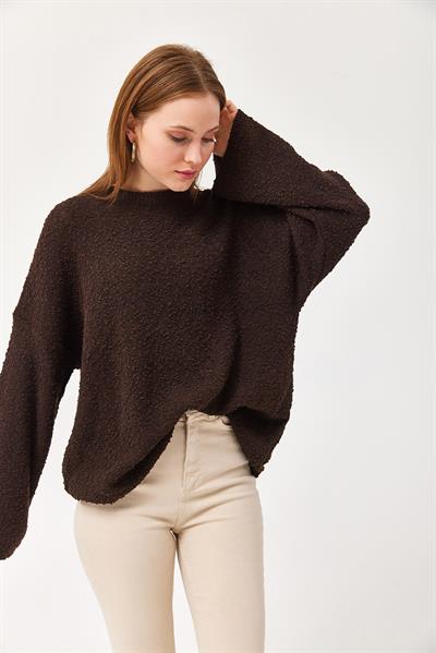 Oversize Dökümlü Triko Kazak Kahve