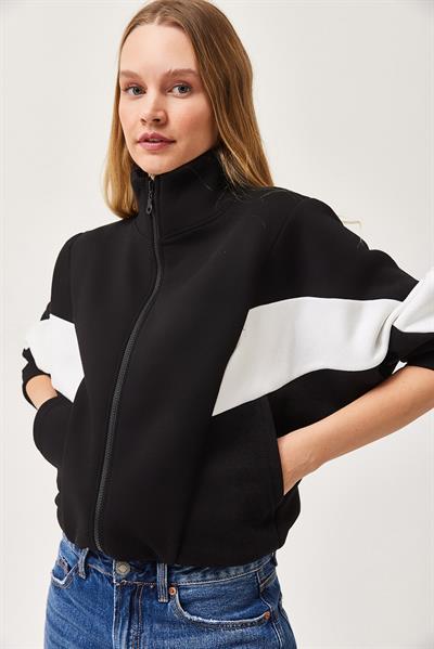 Oversize Fermuar Detaylı Garnili Sweatshirt Siyah