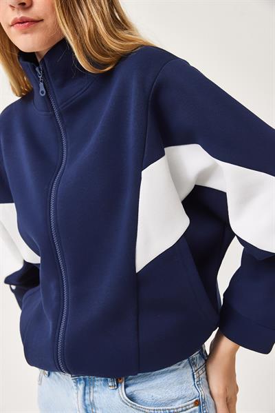 Oversize Fermuar Detaylı Garnili Sweatshirt Lacivert