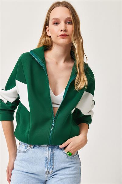 Oversize Fermuar Detaylı Garnili Sweatshirt Yeşil