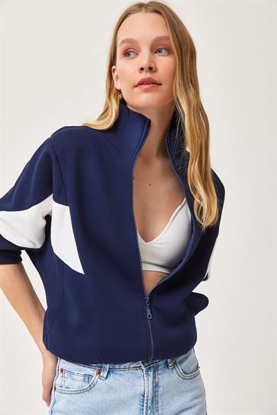 Oversize Fermuar Detaylı Garnili Sweatshirt Lacivert