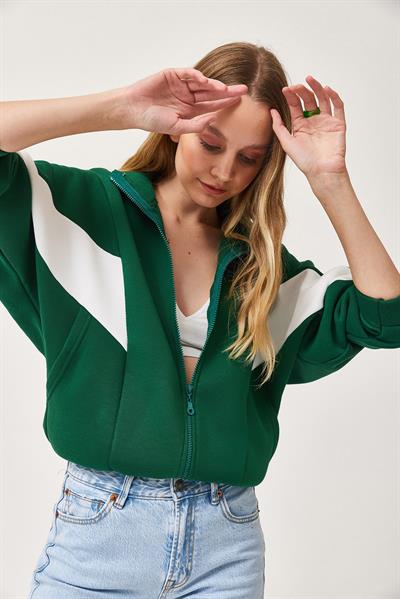 Oversize Fermuar Detaylı Garnili Sweatshirt Yeşil