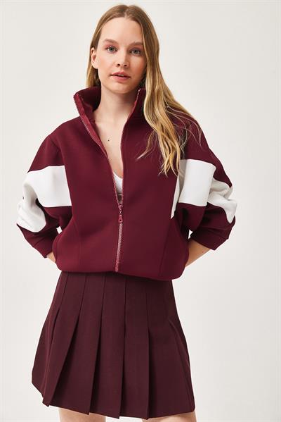 Oversize Fermuar Detaylı Garnili Sweatshirt Bordo